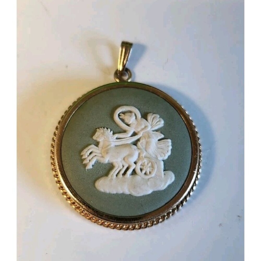 Wedgwood Green Jasperware Round Cameo Pendant  12K Gold Filled Diocles